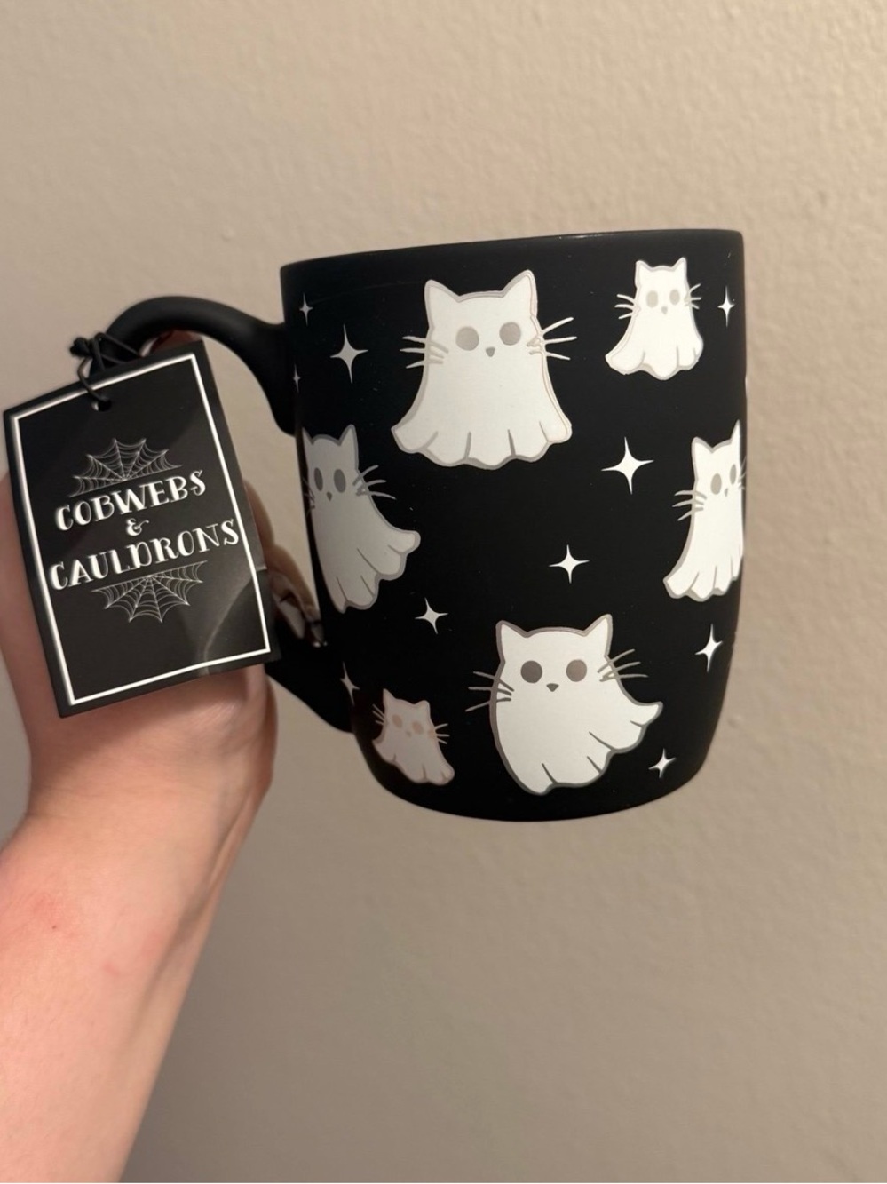 Cobwebs & Cauldrons Soft Touch Black Ghost Cat Mug